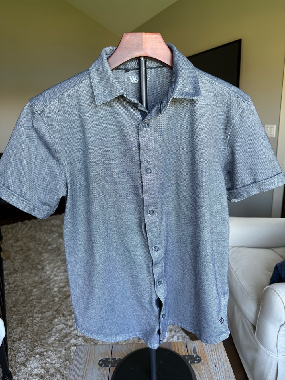 Men's VRST Short-Sleeve Heathered Navy Button-Up Shirt Size Small